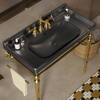 Lavabo de salle de bain, lavabo en céramique noire 36 po avec 3 trous de robinet, porte-serviettes à pieds en acier inoxydable, barre de qualité robuste et fiable, design