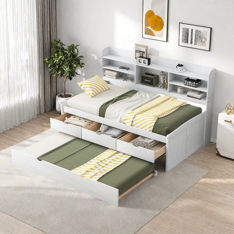 Wooden Daybed With Built-in Bookshelves, 3 Storage Drawers And Trundle, White Wash