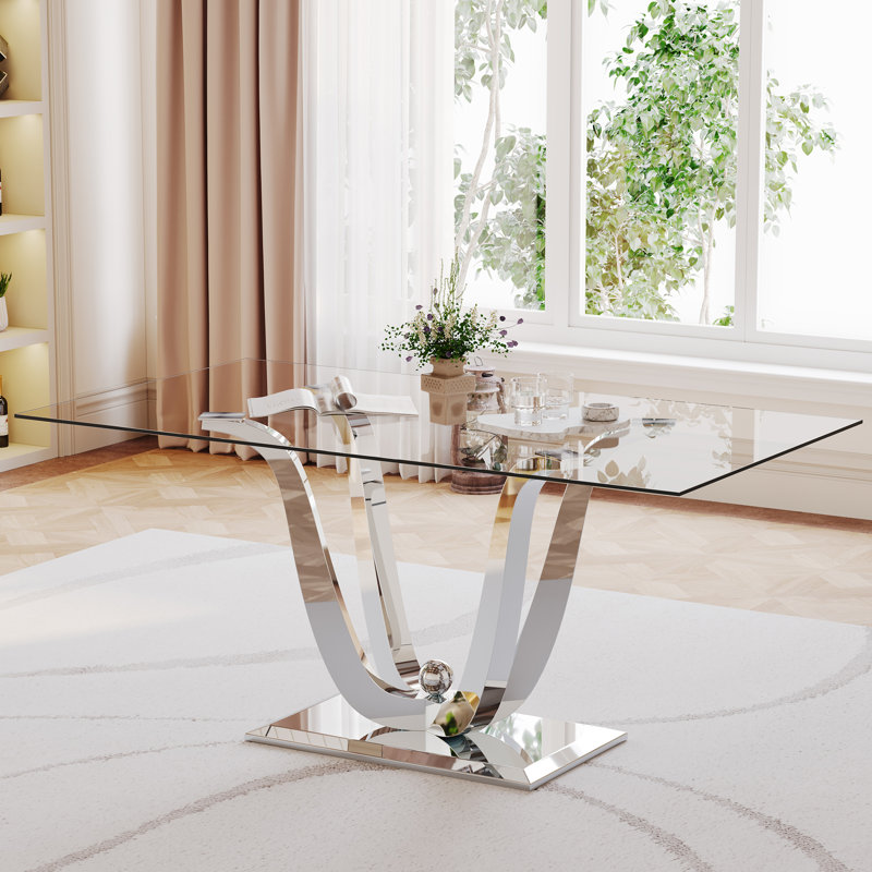 Glass Dining Table Set, Dining Table with Velvet Dining Chairs, 70" Glass Dining Table Set, Kitchen Table and Chairs with Stainless Steel Base for Kitchen Dining Room