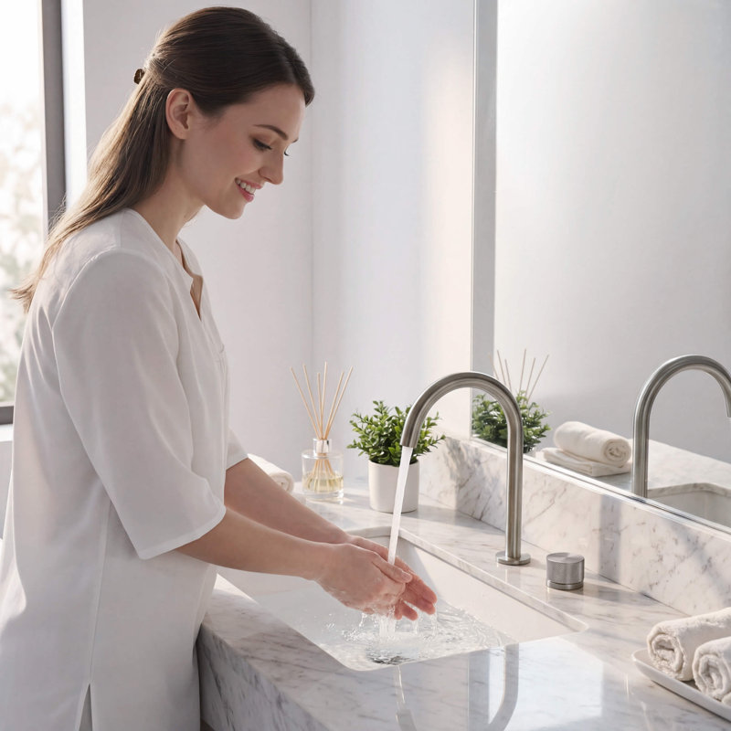Robinet de lavabo de salle de bain circulaire à une poignée et deux trous avec drain, Nickel brossé