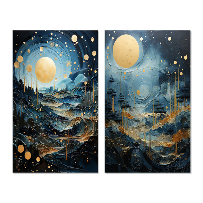 «Gold Blue Uranus Moonlight Mirage», 2 pièces, H 32 po x l 32 po, Toile tendue
