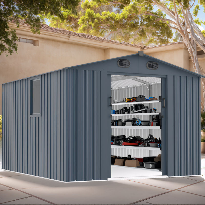 Dark Grey 8x10 FT Metal Garden Shed, Outdoor Storage Shed with Lockable Doors & Window for Backyard, Patio, Lawn