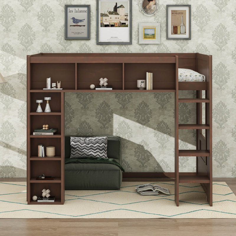 Grand lit mezzanine en bois avec armoires et tablettes, conception moderne peu encombrante, Marron