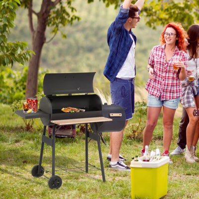 48" Steel Portable Backyard Charcoal BBQ Grill and Offset Smoker Combo with Wheels