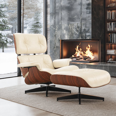 Mid Century Genuine Leather Chaise Lounge Chair with Ottoman and Solid Wood Frame for Living Room, Study Room, Guest Room