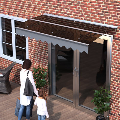 Auvent de porte de 79 po x 34 po - Polycarbonate de 0,137 po d'épaisseur - Supports en alliage d'aluminium antirouille - Convient aux maisons en béton - Couleur : brun/gris - Toiture robuste