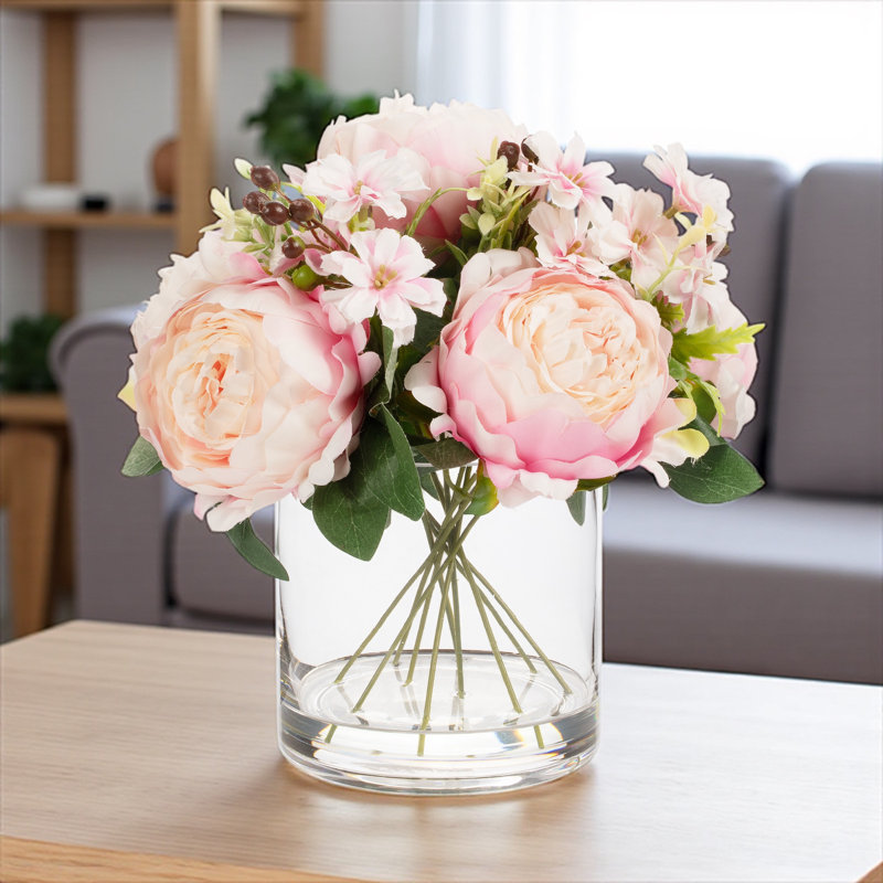 Arrangement de fleurs de pivoines artificielles mélangées dans un vase en verre avec de l'eau artificielle (rose), Rose