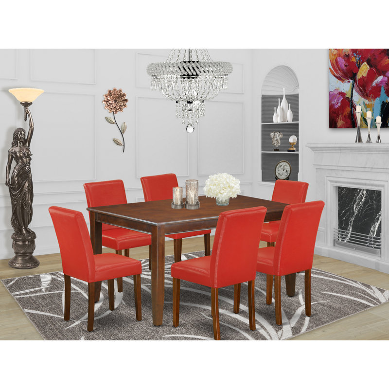 7 Piece Dining Set Consist of a Rectangle Dining Room Table and 6 Firebrick Red Faux Leather Upholstered Parson Chairs, Mahogany