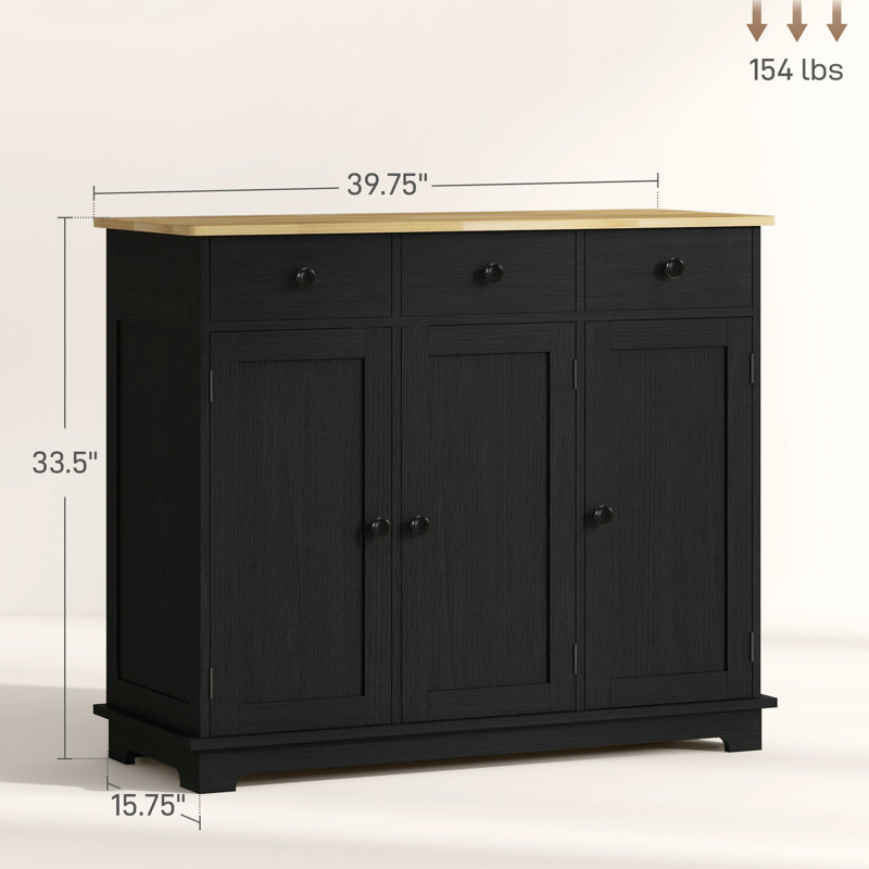 Merveilleuse armoire - comptoir en bois massif, 3 tiroirs, portes, tablette ajustable noir usé pour une utilisation pratique