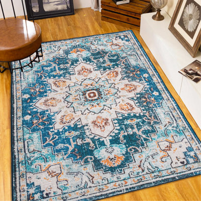 Area Rug 5X7 Vintage Bohemia Large Persian Non-Slip Washable Rug For Living Room Kitchen Bedroom Living Room Flower Design Blue