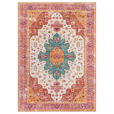 Ultra-Thin Washable Vintage Area Rug 5x7 Large Non-Slip Non-Shedding Floral Medallion Carpet Pink Teal Multi