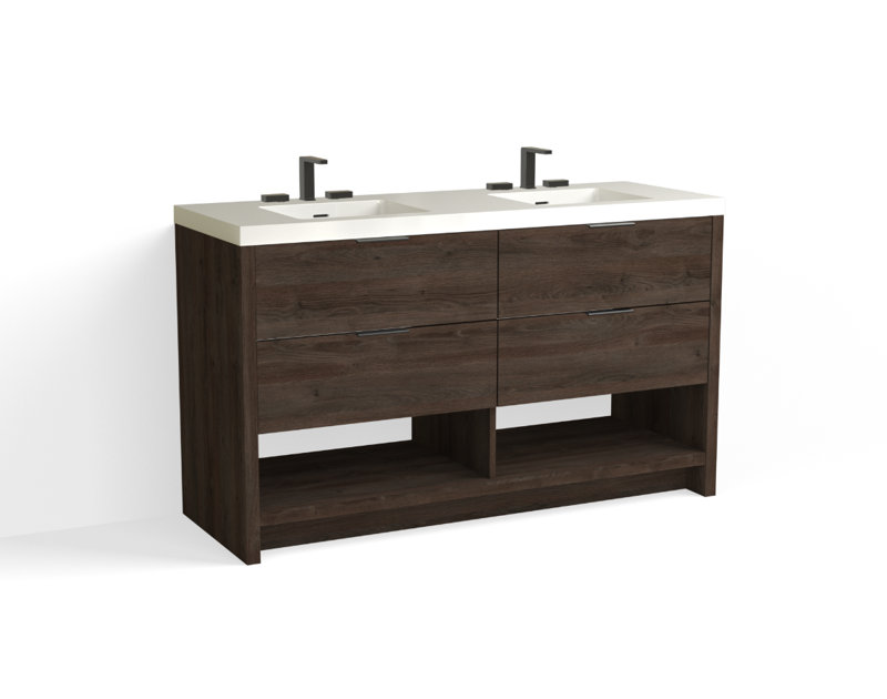 Vue 60" W Freestanding Double Bathroom Vanity, Glossy White/8" Widespread, Matte Black, White Nanomatte