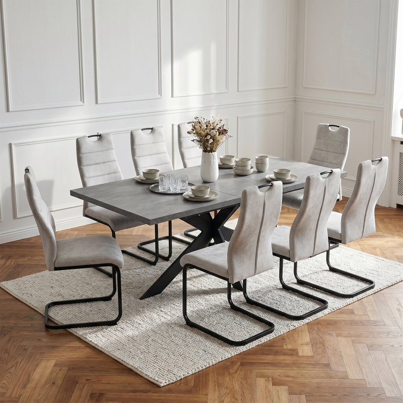 Dining Chairs Set, Ergonomic High Back, Gray Fabric Upholstered with Cantilevered Metal Legs for Kitchen, Dining Room, Home