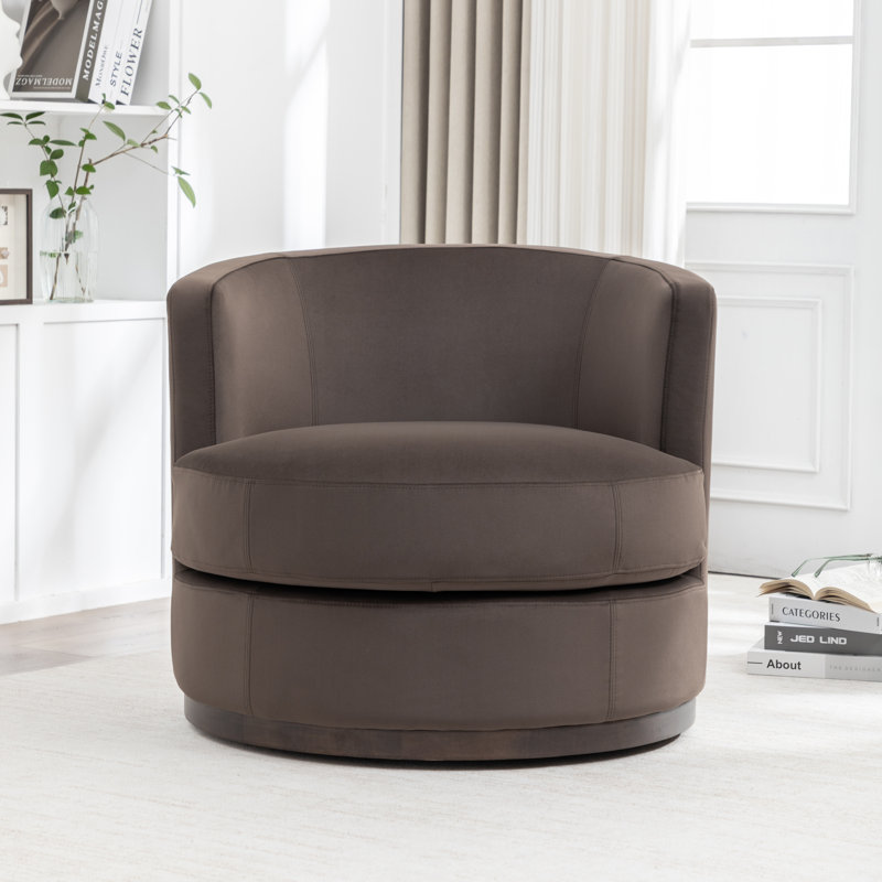 Arabella Upholstered Fabric Swivel Solid Wood Barrel Chair, Truffle Velvet Performance Mohair