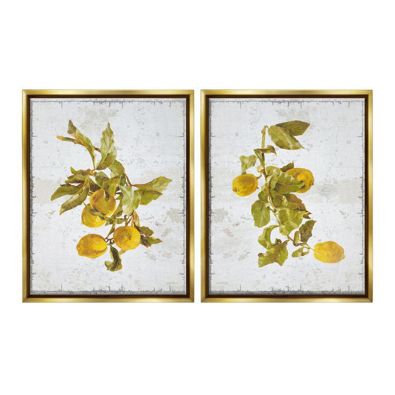 "Rustic Lemons And Leaves" par Graffitee Studios 2 - Pièces sur toile, Cadre flottant métallique doré, H 21 po x l 17 po