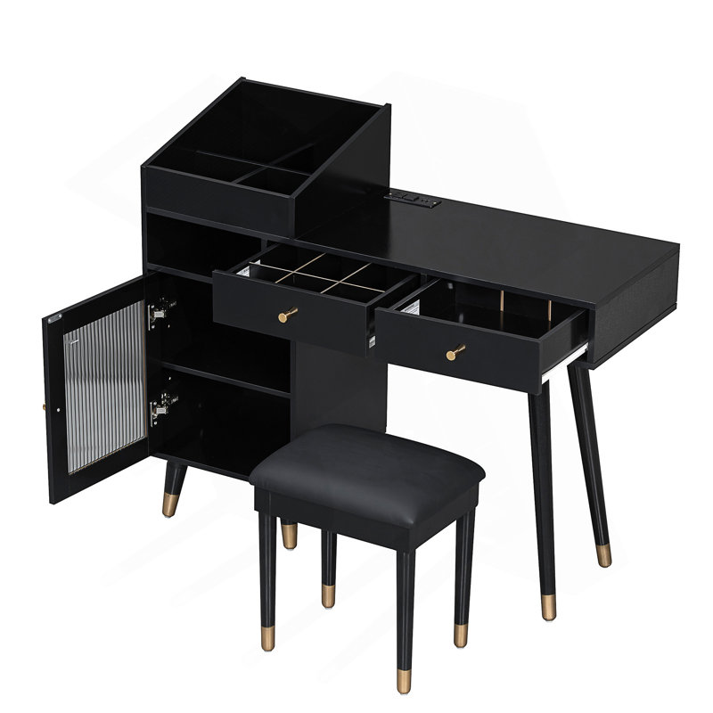 Leeandrew Vanity Desk with Drawers, Cabinet, Stool & Charging Ports, Black