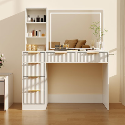 52" Fluted Makeup Vanity Desk with 36" LED Mirror & 6 Drawers, Charging Station, Glass Top Oak Dressing Table for Bedroom