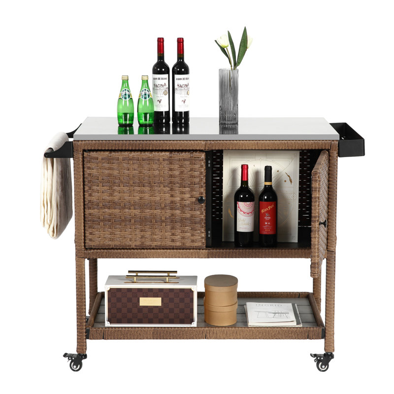 Outdoor Kitchen Wicker Island Rolling Cart & Storage Cabinet With Wheels And Stainless Steel Extended Table Top