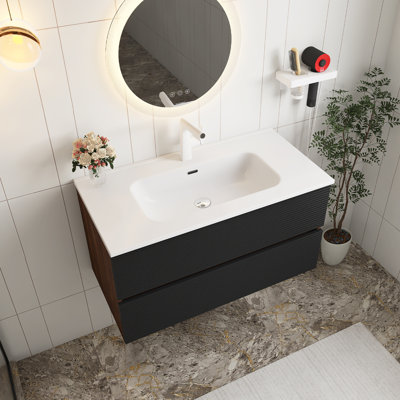 Meuble-lavabo mural noir et noyer de 36 po avec lavabo intégré en céramique à 3 trous et trop-plein 36 po