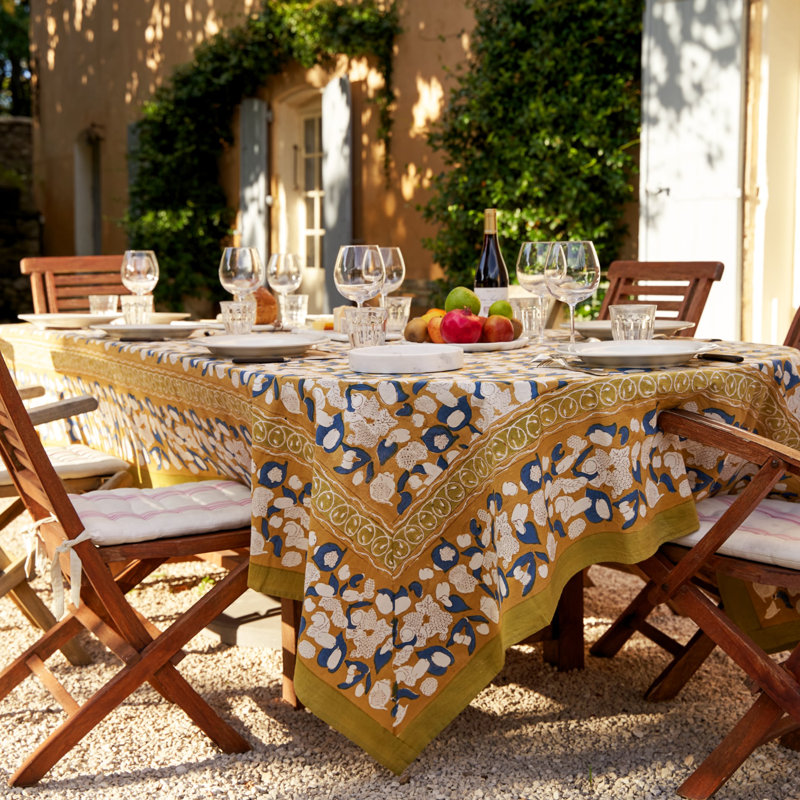 Forest Harvest Handmade Floral Tablecloth, Mustard/Blue, 142" x 71"