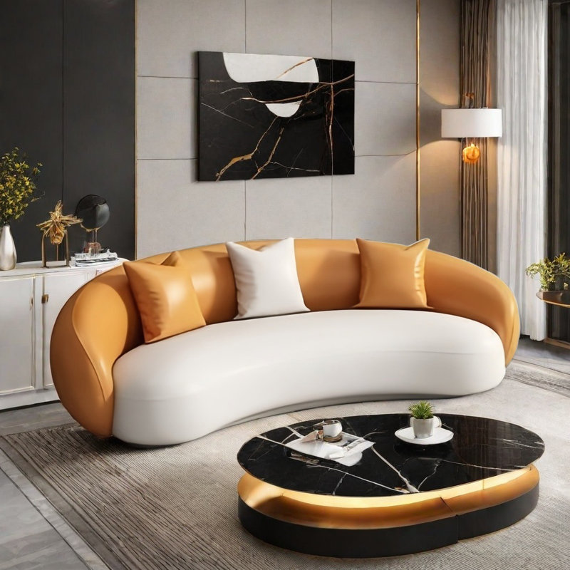 Canapé courbé simple et luxueux clair, Blanc / Orange, H 28,35 po x l 82,68 po x P 39,37 po