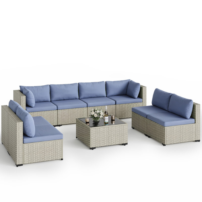 Ensemble de conversation 9 pièces pour patio, Bleu brume