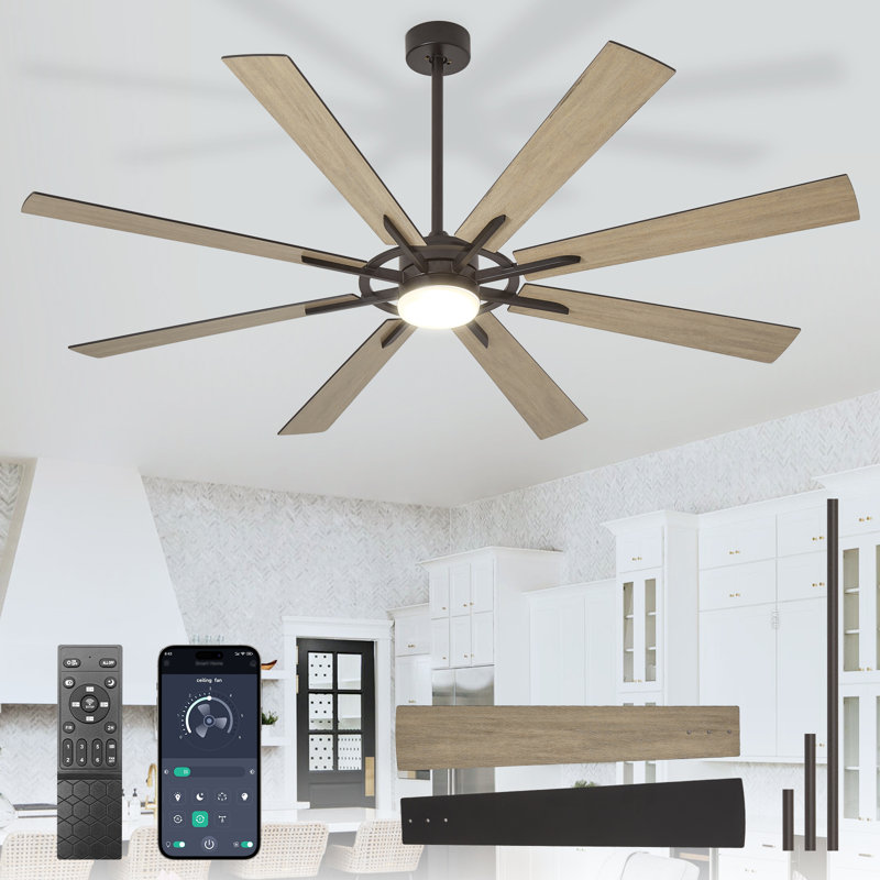 72 Inch Large Ceiling Fan with Light, Modern 8-Blade Black and Wood Indoor Outdoor Fans with Remote App Control Dimmable Light, Quiet DC Motor Reversible 6 Speed Timer