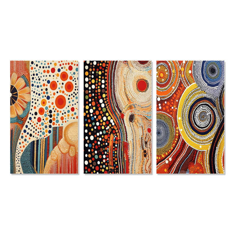 Aboriginal Circular Dot Art Compositions III - Transitional Art Set Of 3 Pieces, H 20 po x l 36 po, Toile tendue