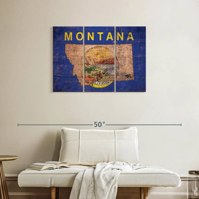 " State Map Over Montana Flag " by Echoes Of America 3 - Pieces, 24" H x 38" W