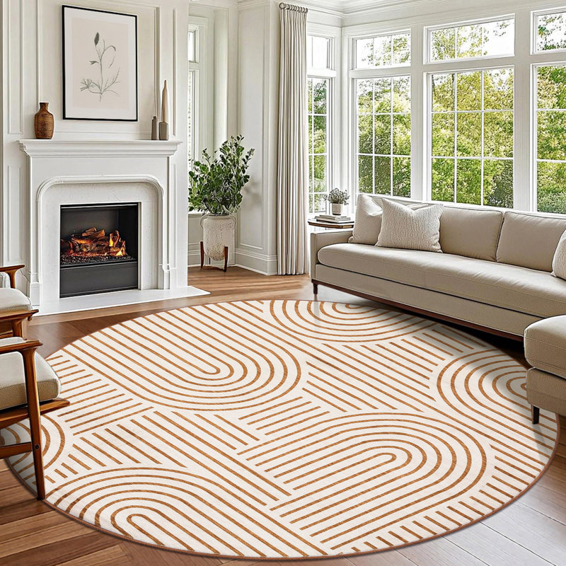 Modern Abstract Area Rug 6 Ft Round Rug Non-Slip Washable Carpet Foldable Geometric Stripe Floor Mat for Living Room Bedroom Nursery Orange
