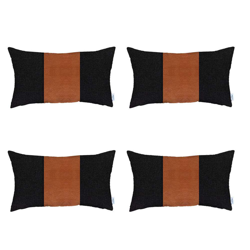 Black and Brown Vegan Faux Leather Lumbar Pillow Covers Set of 4
