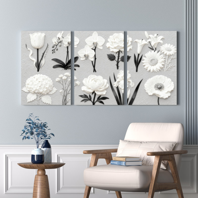 Art floral blanc sur toile botanique blanc, impression en relief 3D (ensemble de 3), H 36 po x l 72 po