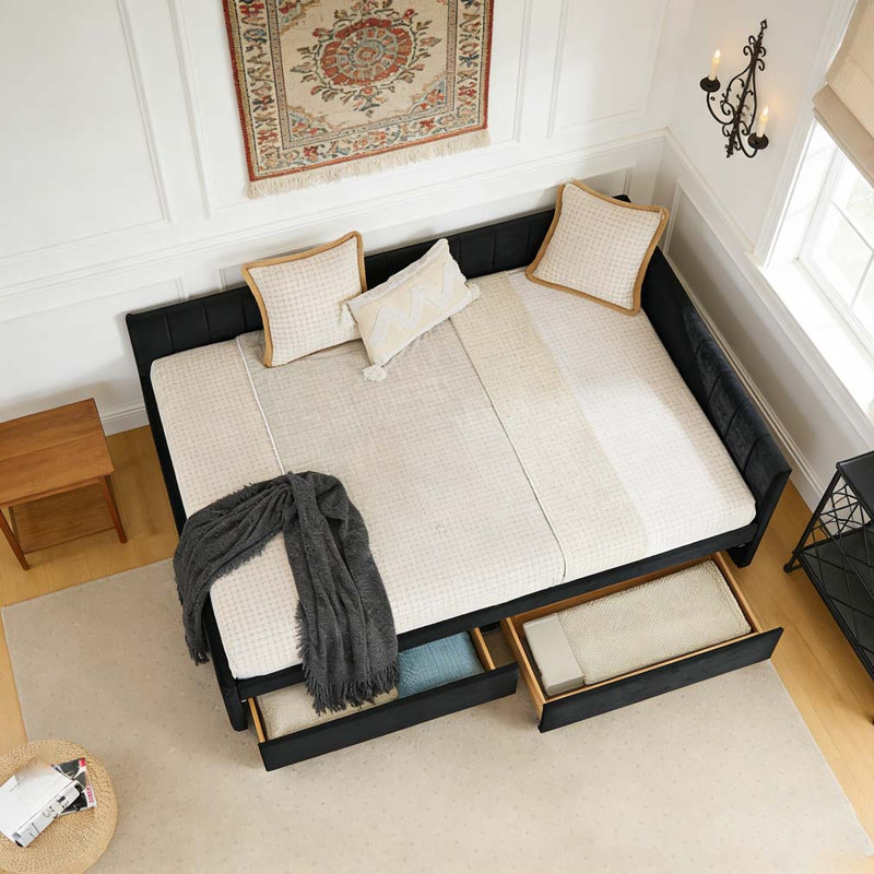 Full Size Upholstered Tufted Bed Frame with Two Drawers, Black