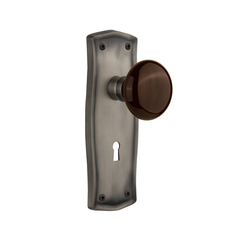 Prairie Plate with Decorative Keyhole and Brown Porcelain Door Knob, Antique Pewter, 2-3/8”