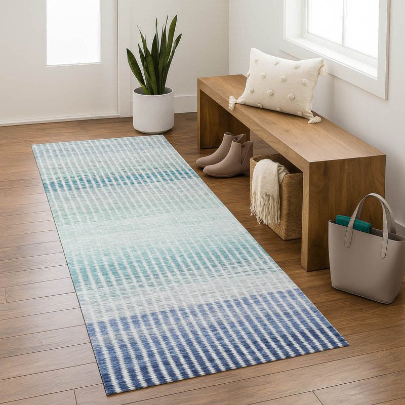 Premium Machine Washable Mayfield AMF2313 Stripes Rug, Blue, 2'3" x 7'6" Runner