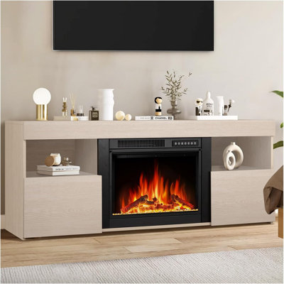 60 Inch Electric Fireplace TV Stand with Remote Control, 4 Flame Colors, 12 Crystal Colors with Auto-Glow, 3D Adjustable Flame, Sleep Timer, and Safety Protection Features.