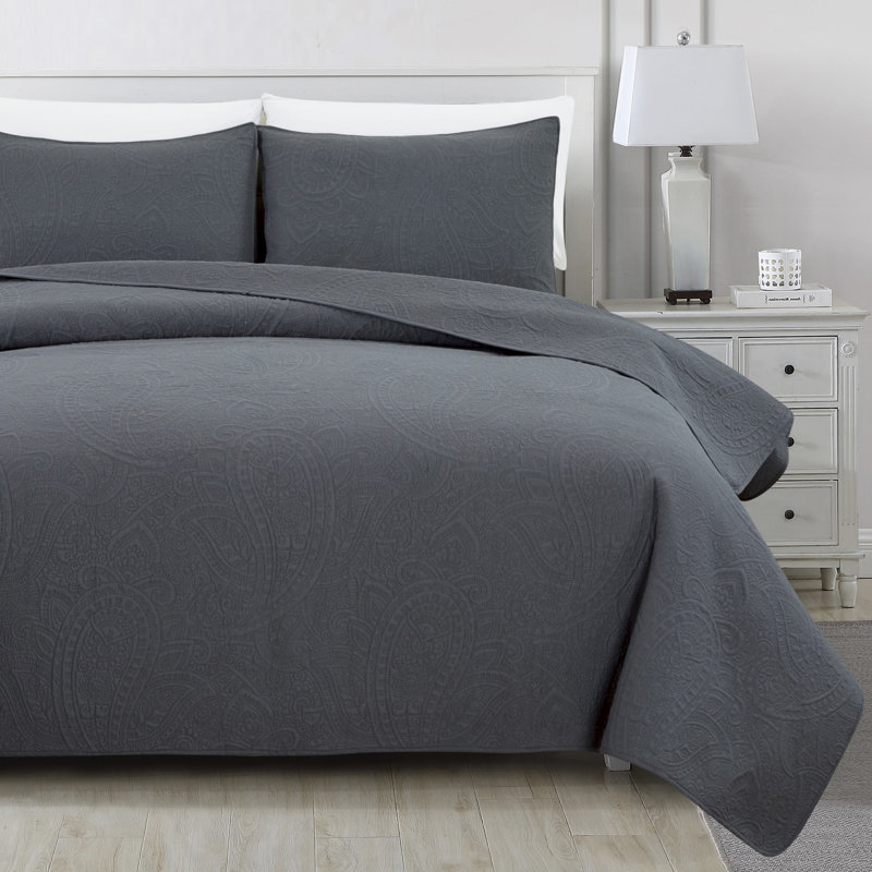 Bristin Cotton Twill Paisley Quilt, Full/Queen, Charcoal