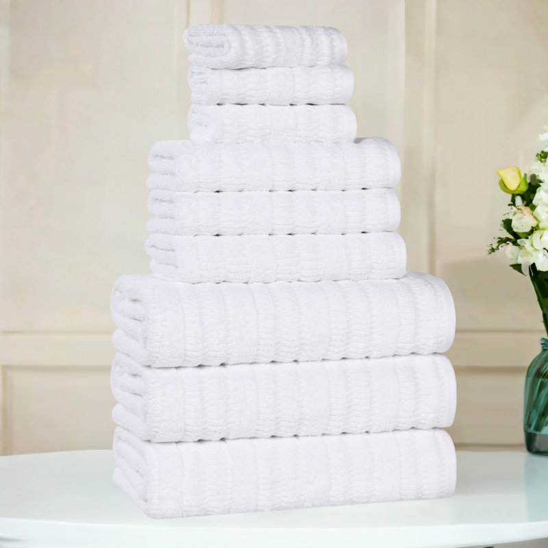 Mika Smart Twist Viscose Cotton Blend Medium Weight Solid Textured Ribbed 9 Piece Towel Set, White