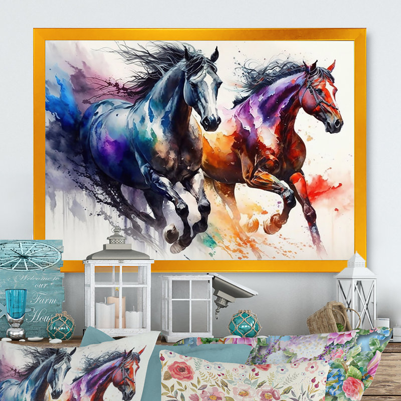 Chevaux qui courent II - cheval, art mural, H 30 po x l 40 po x P 1,5 po, Cadre doré simple