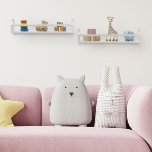 MELANNCO 2 Pieces Floating Curve Wall Shelves with Rail for Nursery, Bedroom, Living Room, Kitchen, White