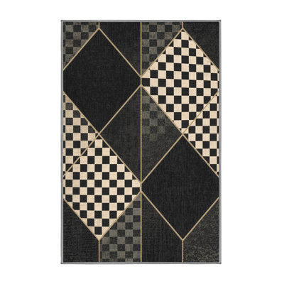 Tapis art déco à carreaux lavable à la machine gris Arverne
