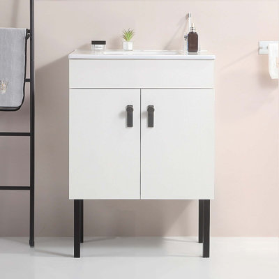 Meuble-lavabo de salle de bain avec pied en métal, lavabo en céramique blanche et 2 portes à fermeture en douceur
