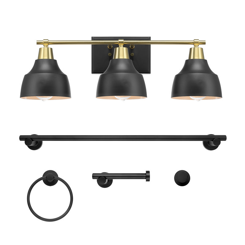 Ensemble 5 pièces d'accessoires de salle de bain tout-en-un noir avec éclairage de meuble-lavabo 3 lumières 24 po et accents laiton