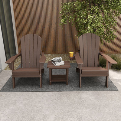 3-Piece Outdoor HDPE Adirondack Seating Set – 2 Foldable Patio Chairs With Cup Holders & 2-Tier End Table, All-Weather Poly Lumber Furniture For Porch, Backyard, Deck & Pool Area
