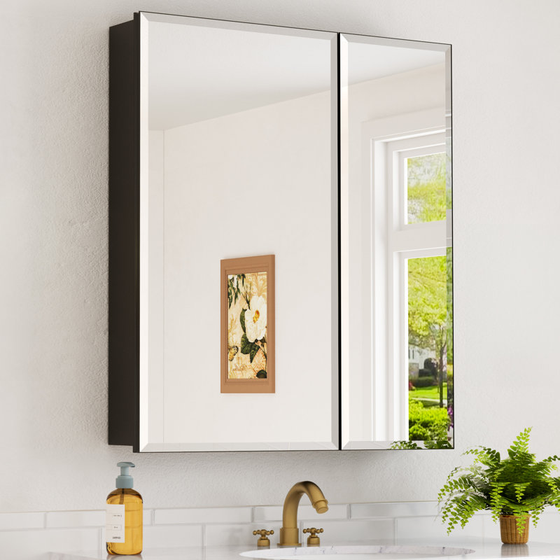 Armoire à pharmacie en aluminium avec miroir, meuble-lavabo encastré ou à fixation en surface, tablettes réglables en verre trempé, grand rangement, noir