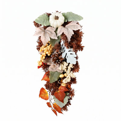 Décoration murale 17,7 pouces en forme de goutte d'automne avec citrouille blanche pomme de pin et feuille d'érable