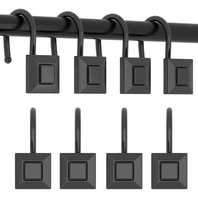 Shower Curtain Decorative Hooks, Set Of 12 Shower Curtain Rod Rings For Bathroom Rust Resistant Square, Black