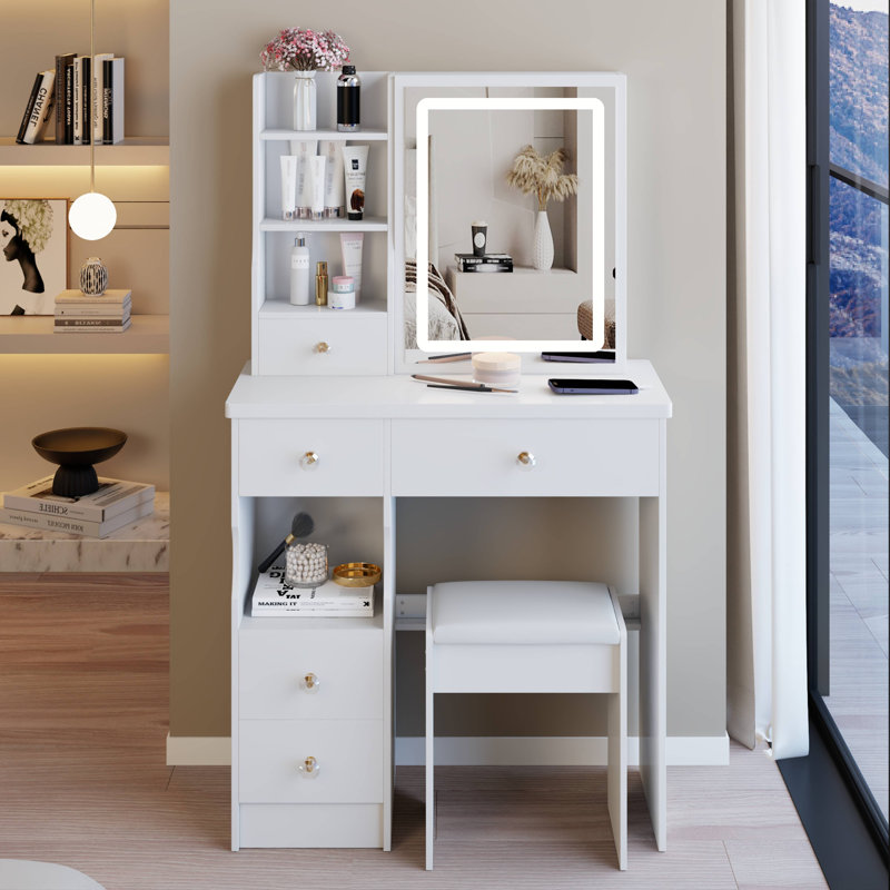 29.2" Small Size Left Drawer Desktop Vanity Table + Cushioned Stool, Large Sliding, Touch Control, Tri-Color Switching, Brightness Adjust LED Mirror, High Capacity Storage, Suitable For Small Space