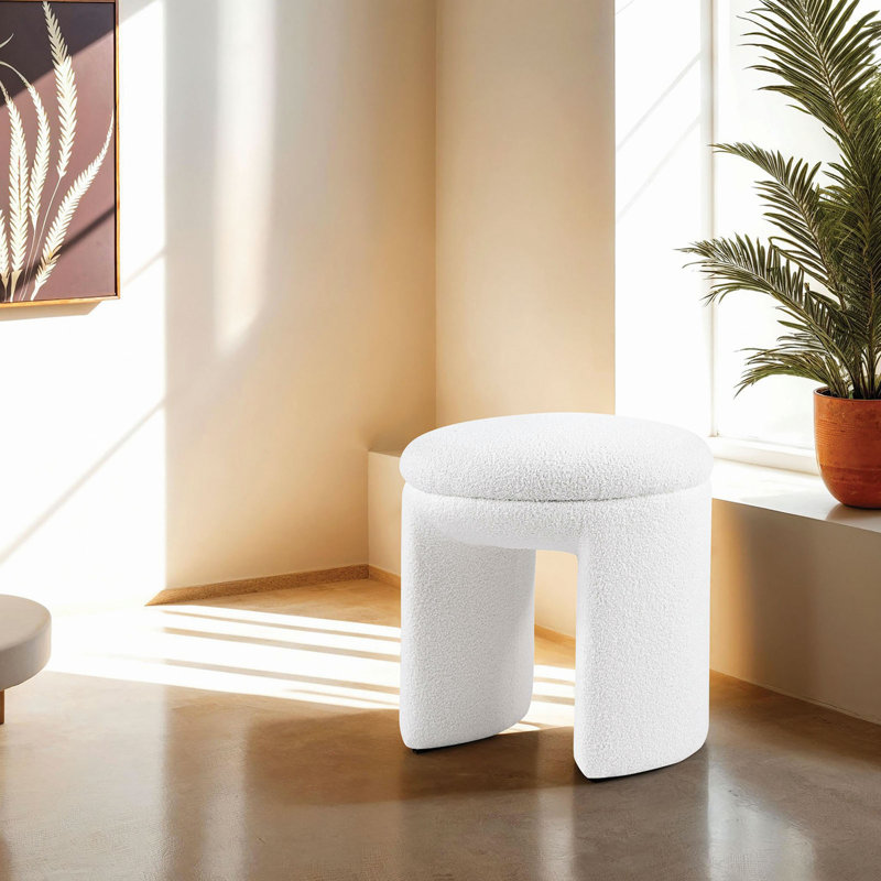 Tabouret/banc d'appoint rond en tissu Teddy de style contemporain, 1 pièce, design principal pour le salon, Ourson blanc