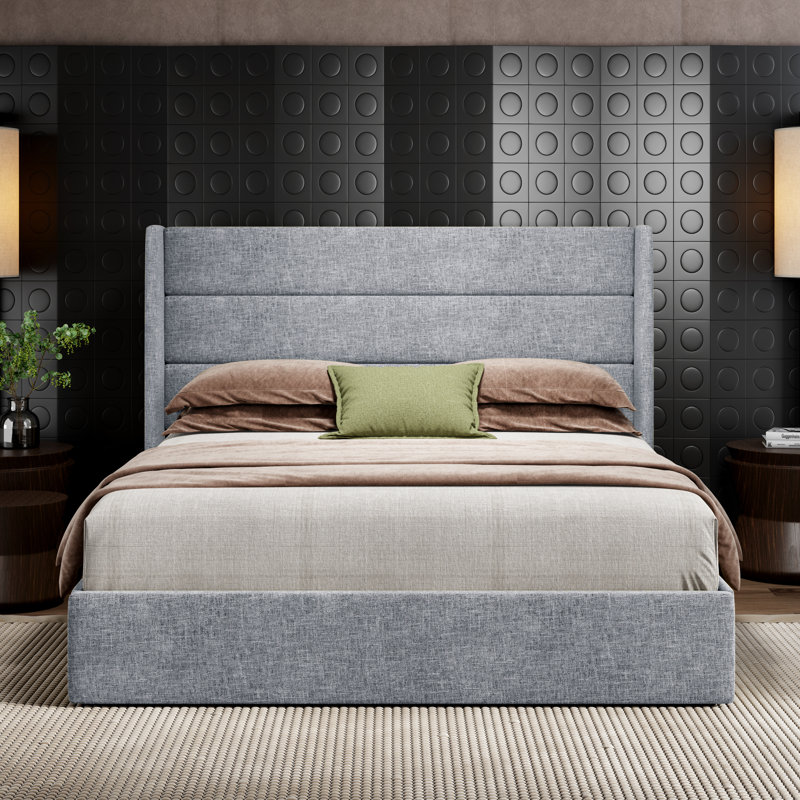 Bradenburg Lift Up Upholstered Storage Platform Bed with Wingback Headboard, Queen, Blue Gray